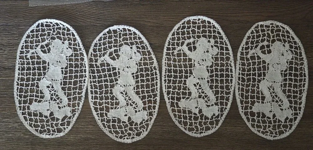 4 Antique Figural Needle Lace Doilys Inserts Applique Table Decoration Oval